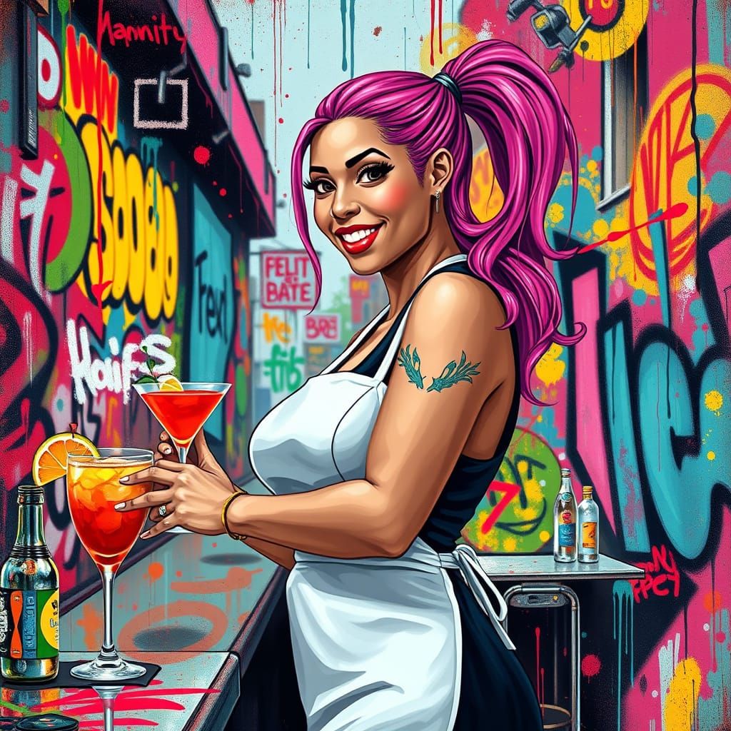 Vibrant Waitress in a Kaleidoscopic Street Art Scene