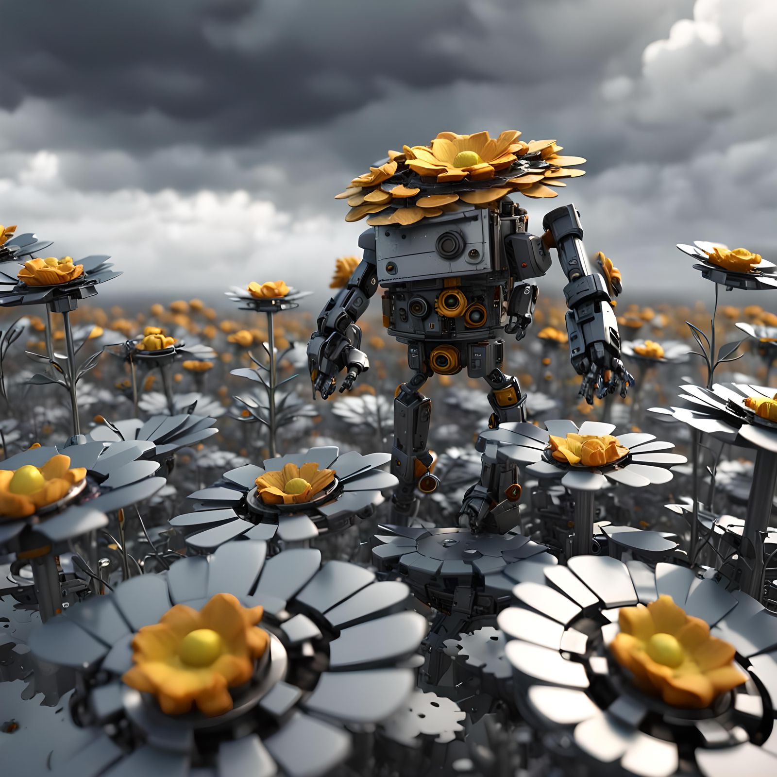 Futuristic Robotic Flower Field Under Dramatic Sky