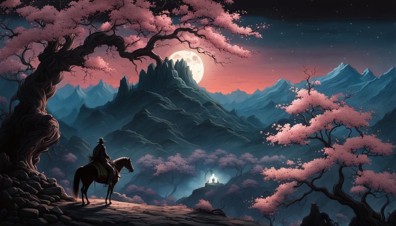 Dark Mountain Wallpaper: Rider Under Moonlit Galaxy