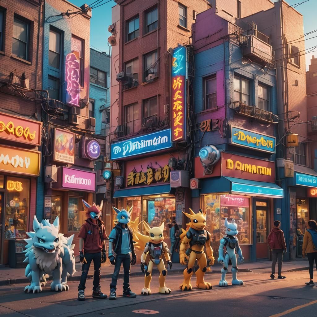 Fantasy Digimon Neighborhood in Vibrant Digital Art