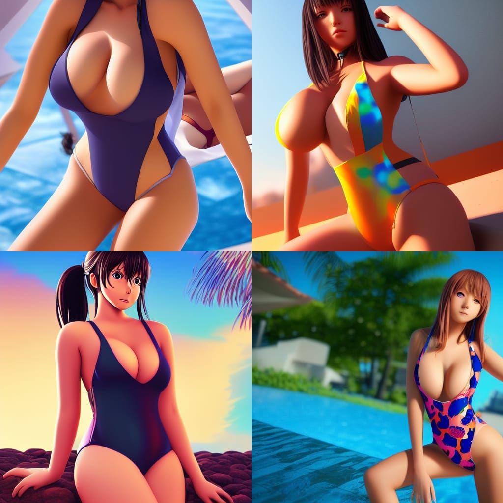 Anime-Style Collage of Woman in Swimsuit