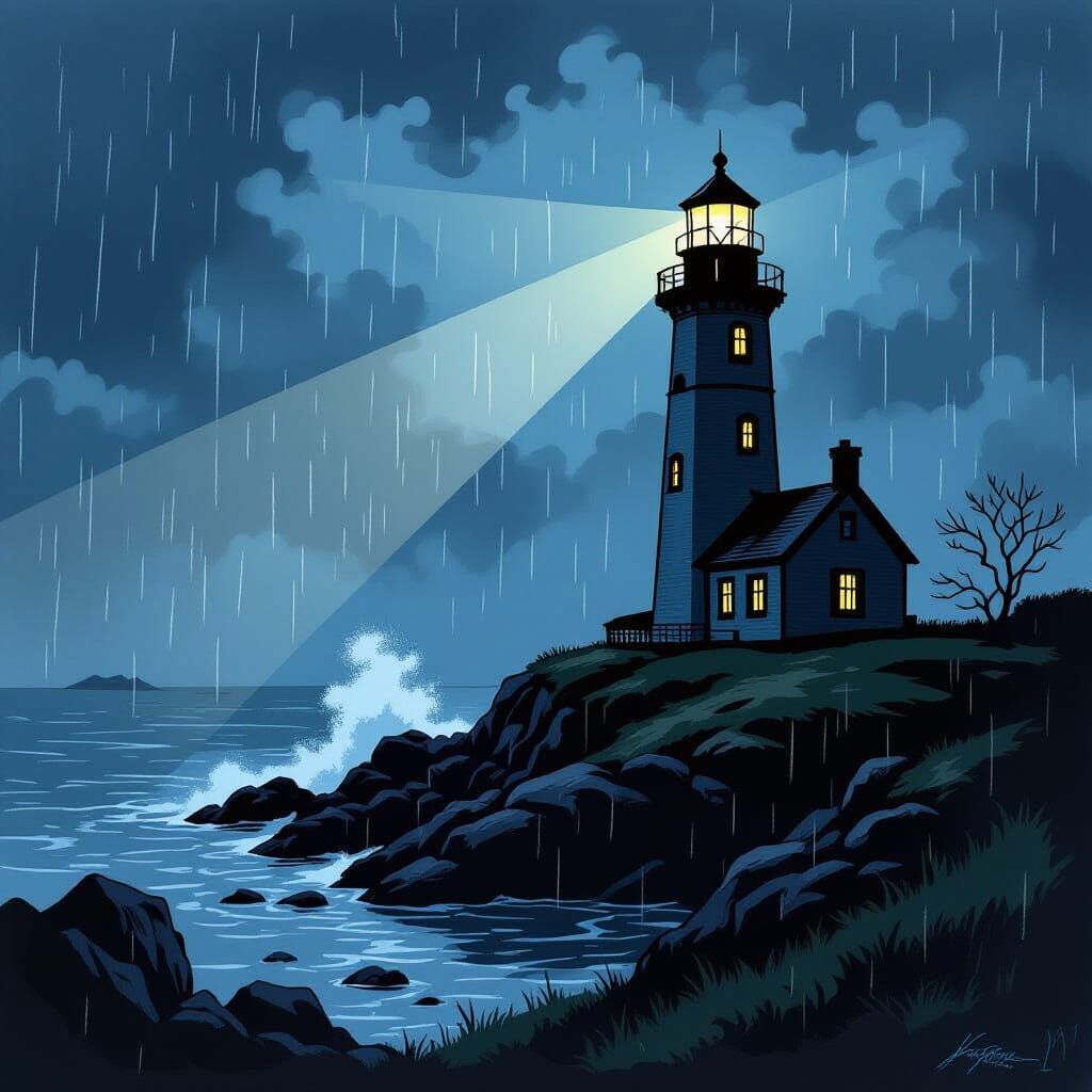 Gothic Lighthouse Illuminates Jagged Rocks in Stormy Night