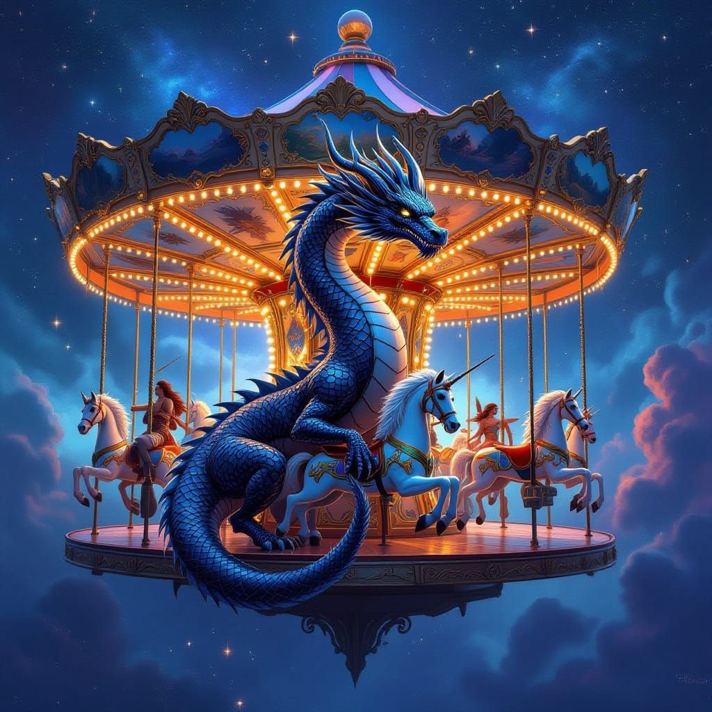 Obsidian Dragon Coiled on Celestial Carousel in Nebula