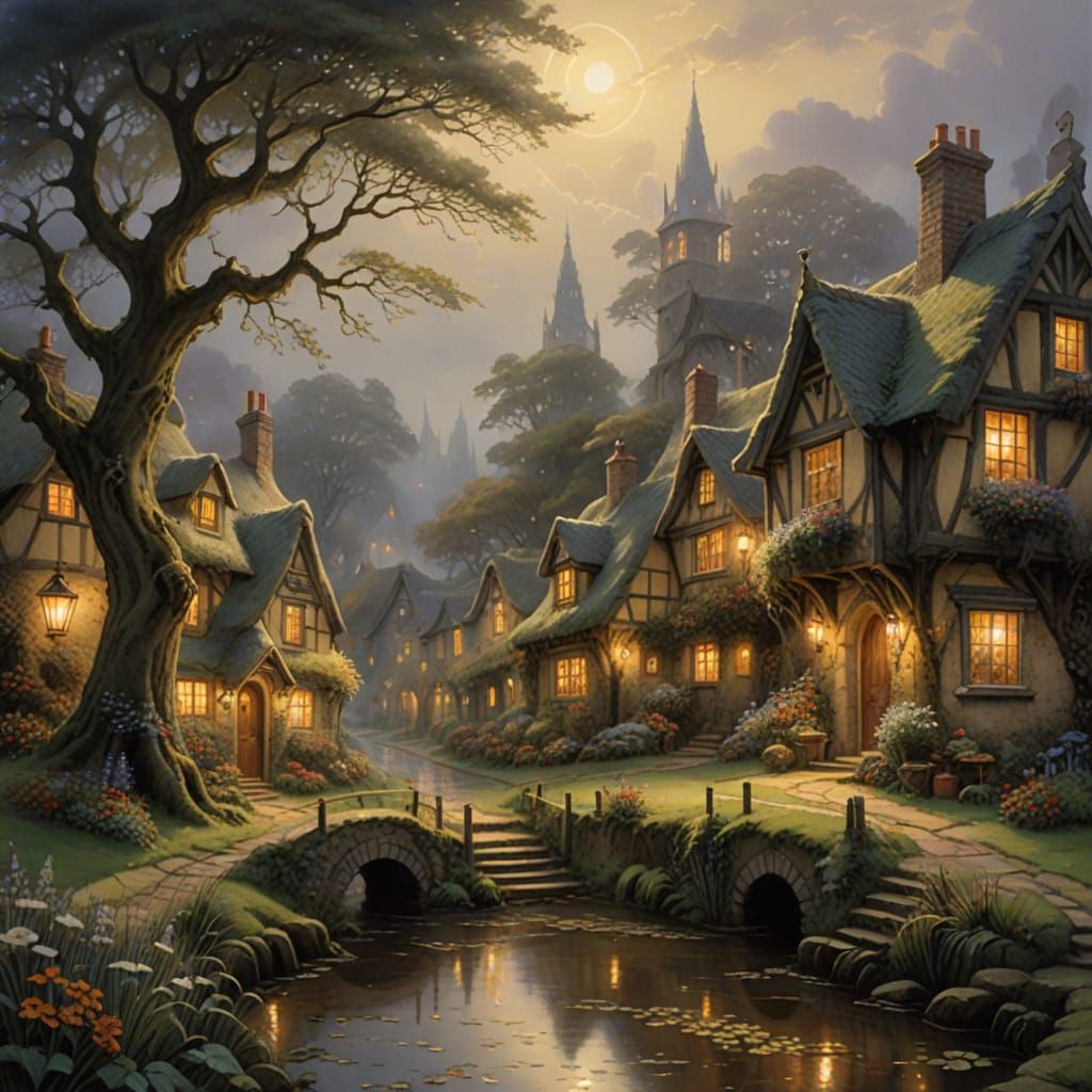 Whimsical Village Scene in Enchanting English Mist