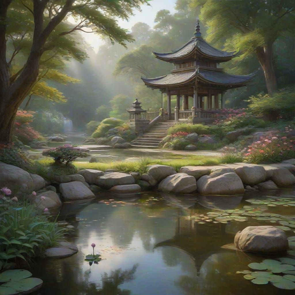 Serenely Cascading Stream Fills Majestic Pond with Lush Wate...