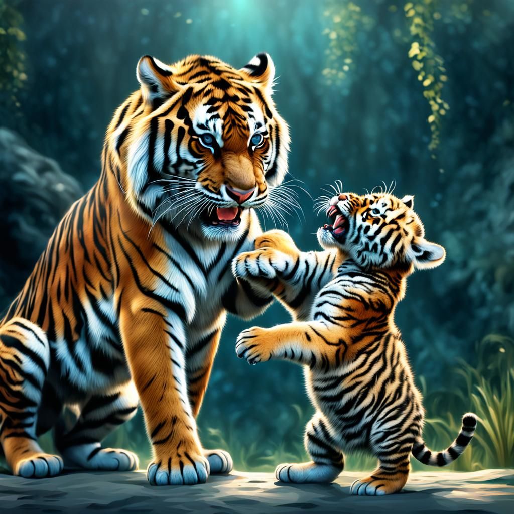 Happy Tiger Cub Playing with Parent: Digital Painting