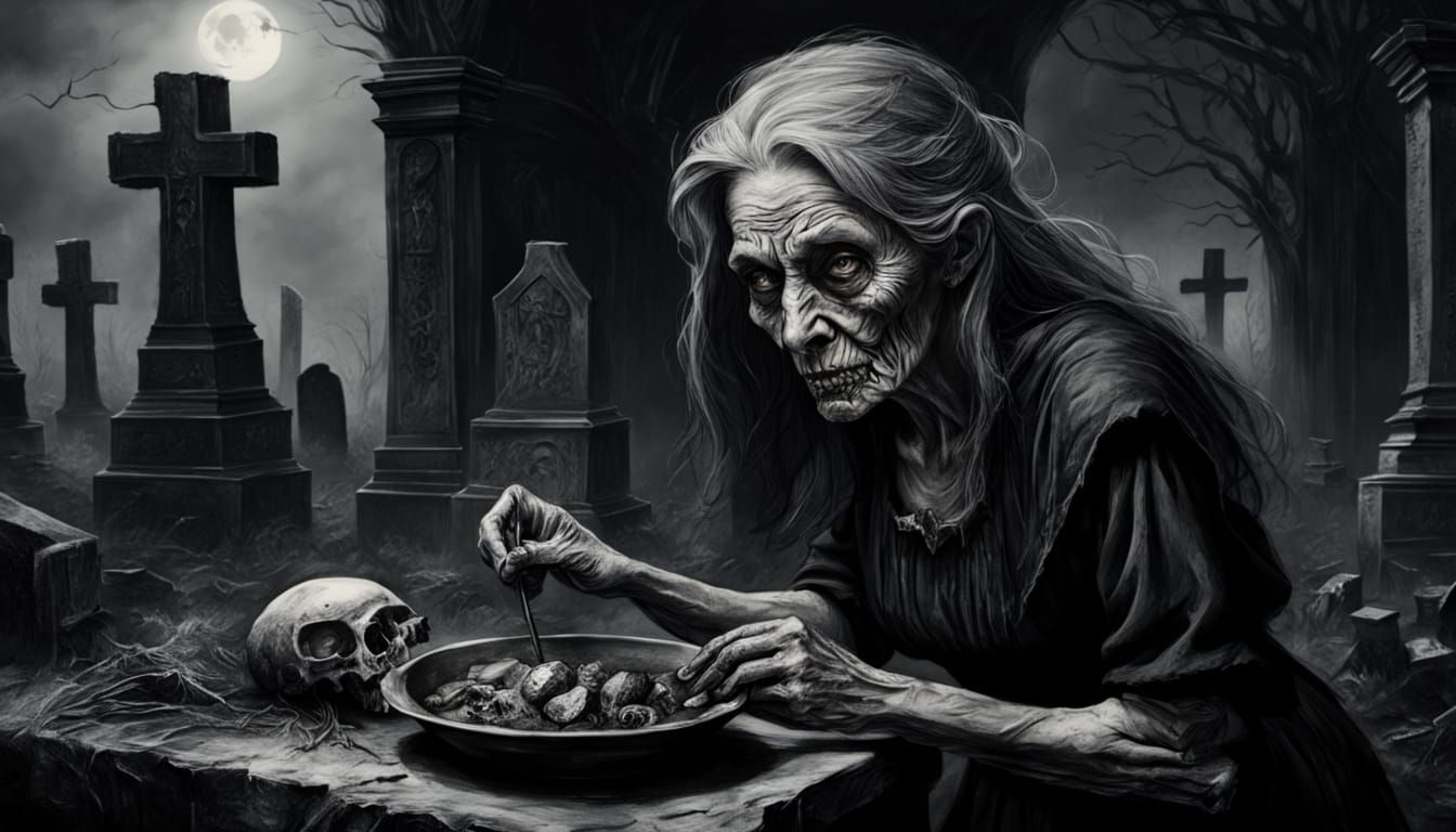 Ethereal Witch in Cemetery Charcoal Drawing