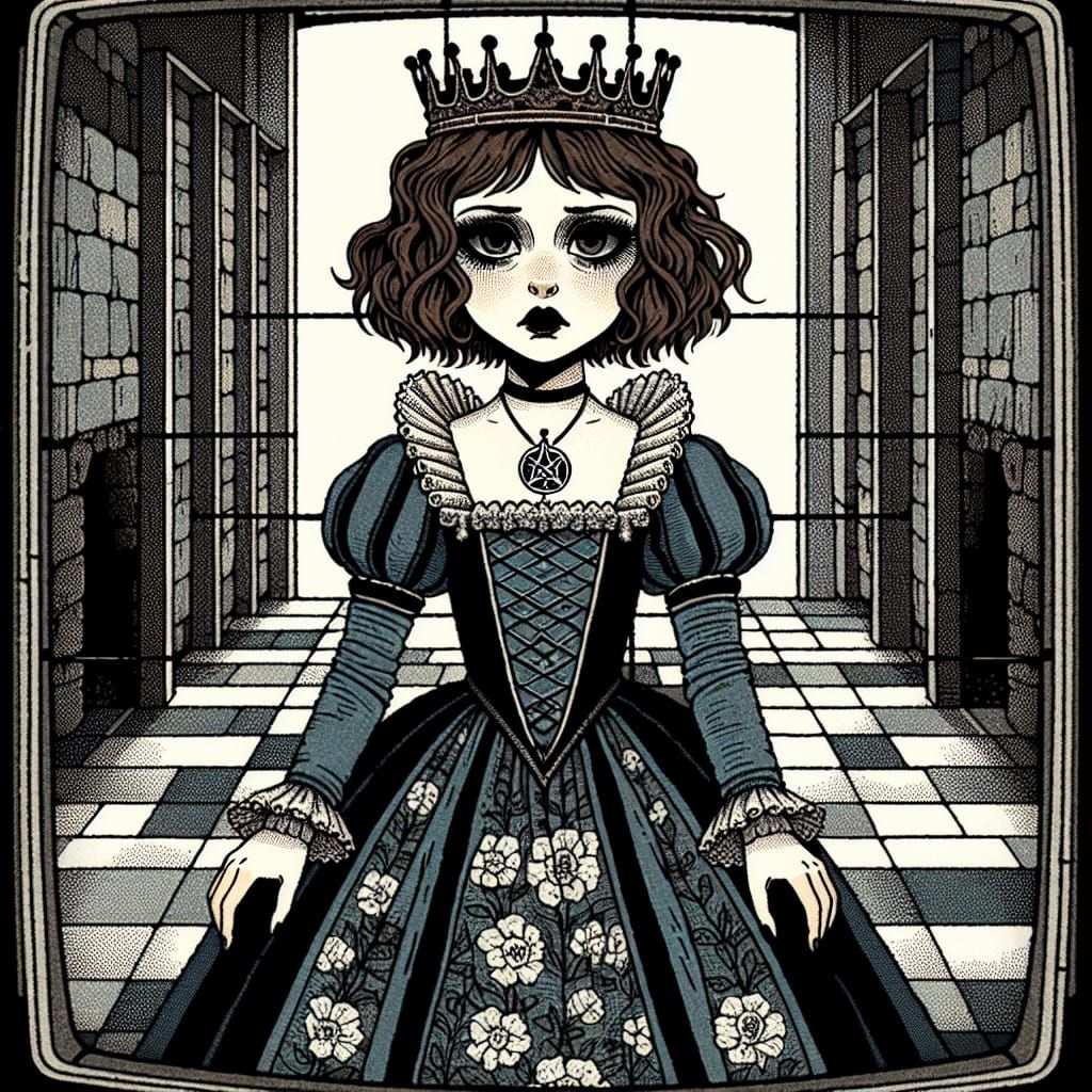 A Cartoon Queen Wanders Dark Castle Corridors in Retro Style