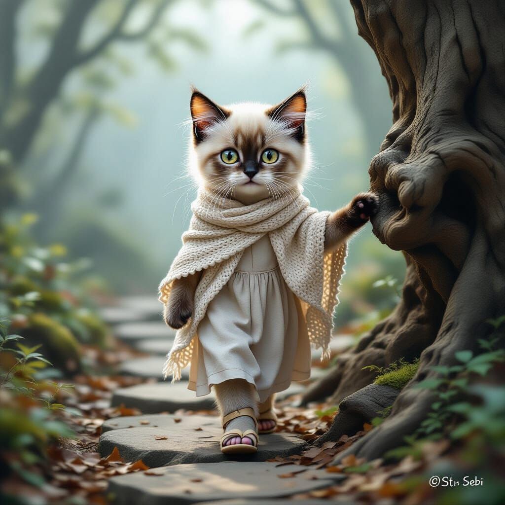 Lumina Stardust Kitten in Misty Forest, Wabi-Sabi Style