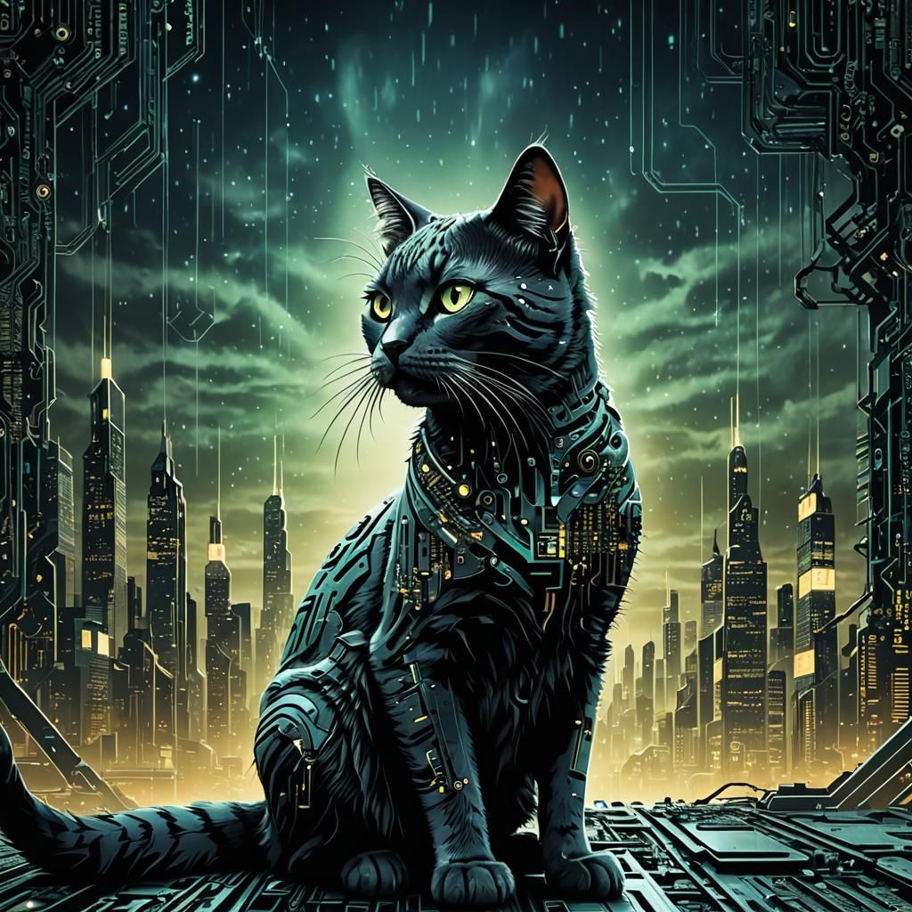 Cybernetic Cat in Matrix Cyberspace Art