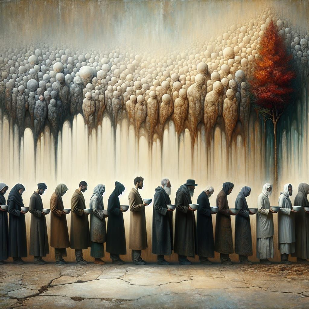 Surreal Painting of Hopeful Individuals Awaiting Food