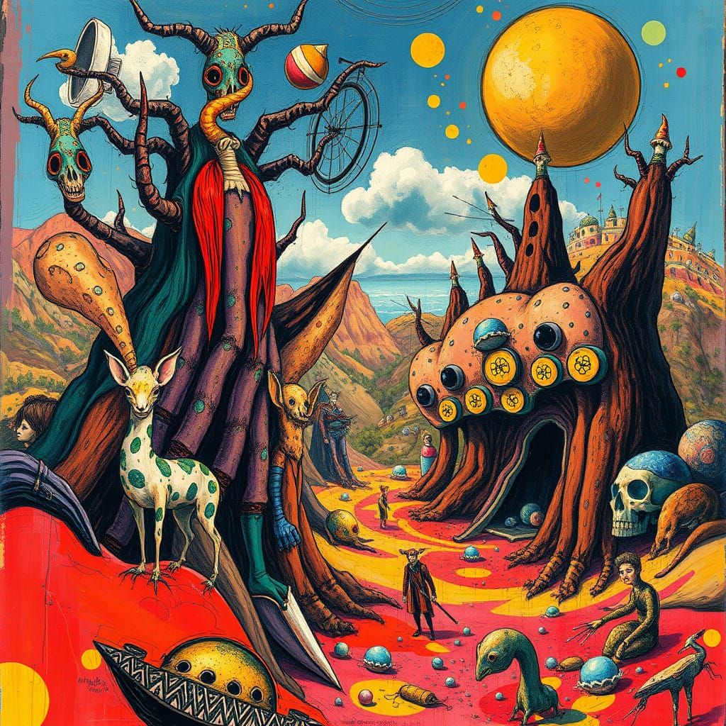 Vibrant Surrealist Masterpiece in the Style of 1960s Gonzo A...