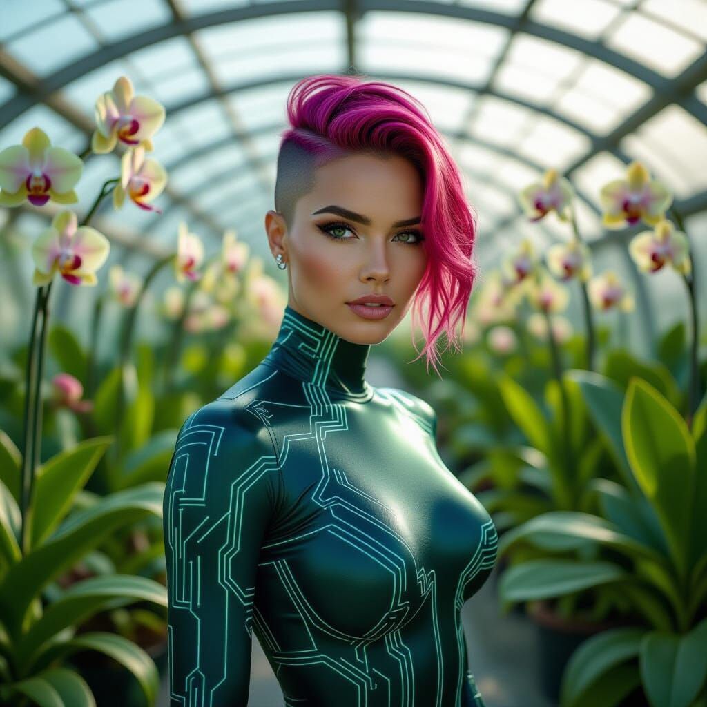 Confident Woman in Futuristic Greenhouse, Digital Painting