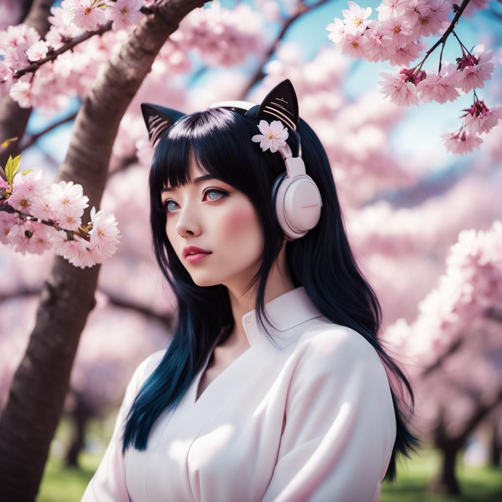 Anime Catgirl in Cherry Blossom Garden