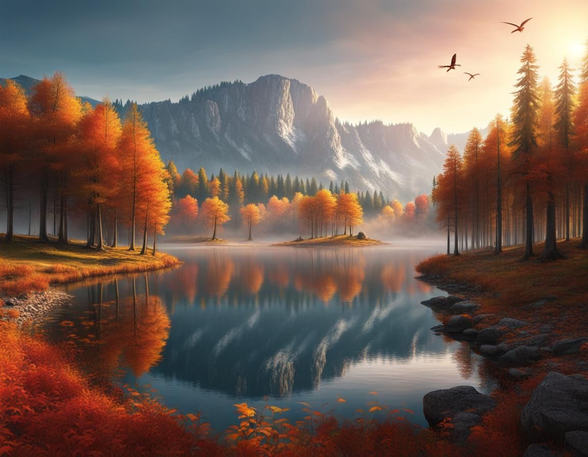 Autumn Lake Landscape in Italy: Fantasy Art