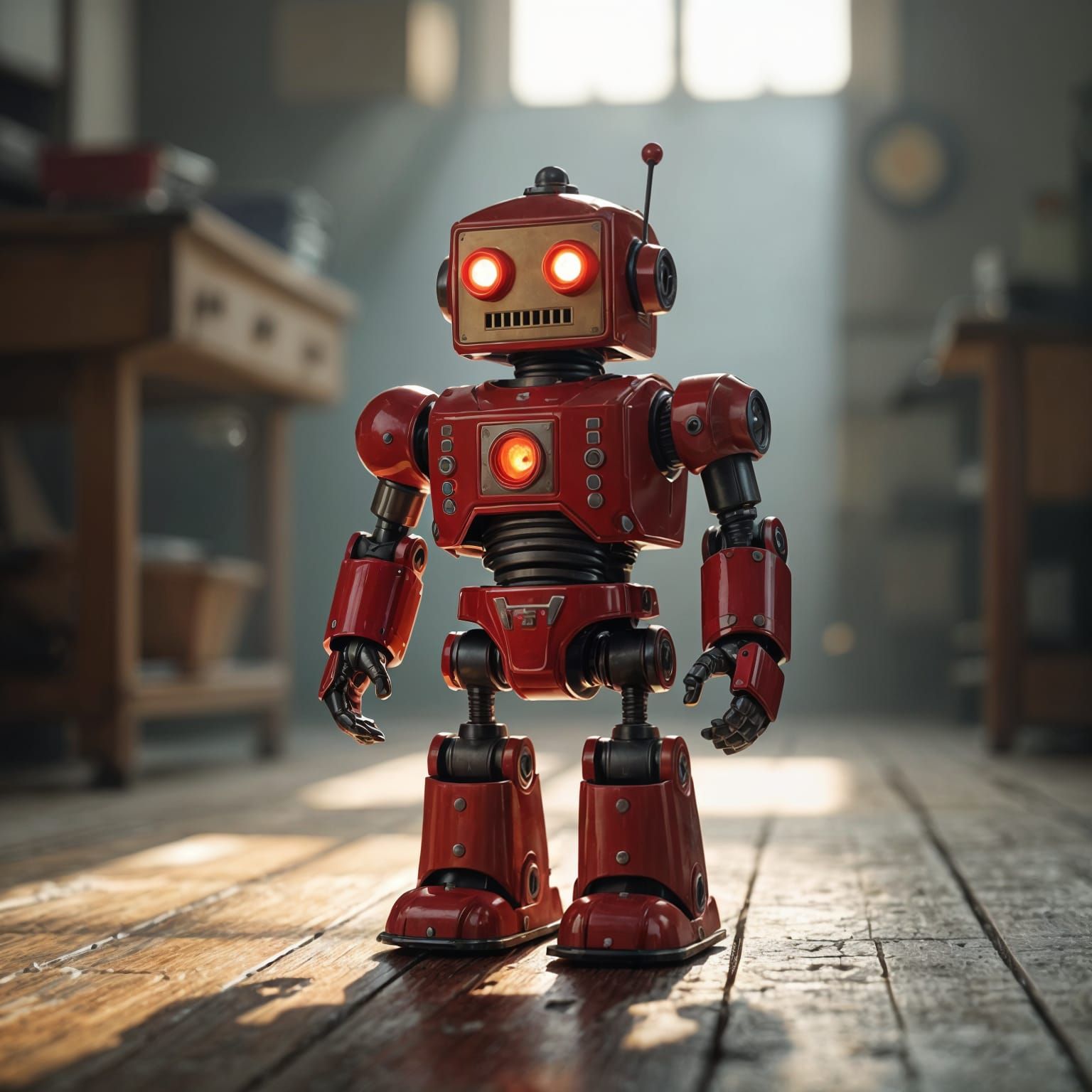Vintage Red Tin Toy Robot in Retro-Futuristic Style