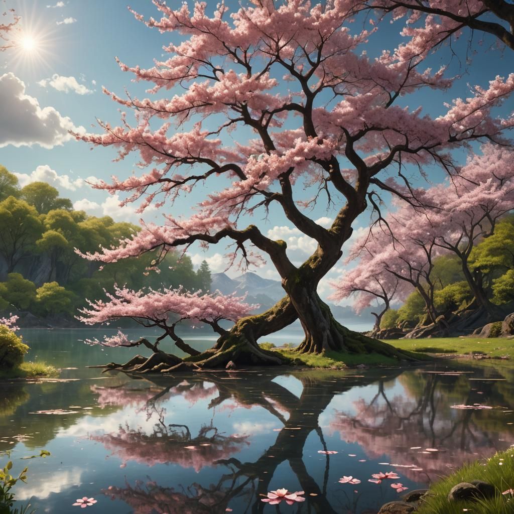 Sakura Tree by Lake: Atmospheric Landscape