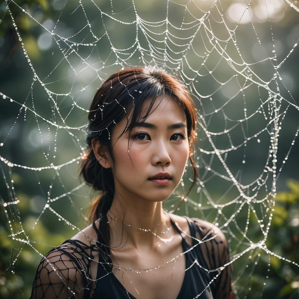 Dewdrop Reflection: Beautiful Woman in Spider Net