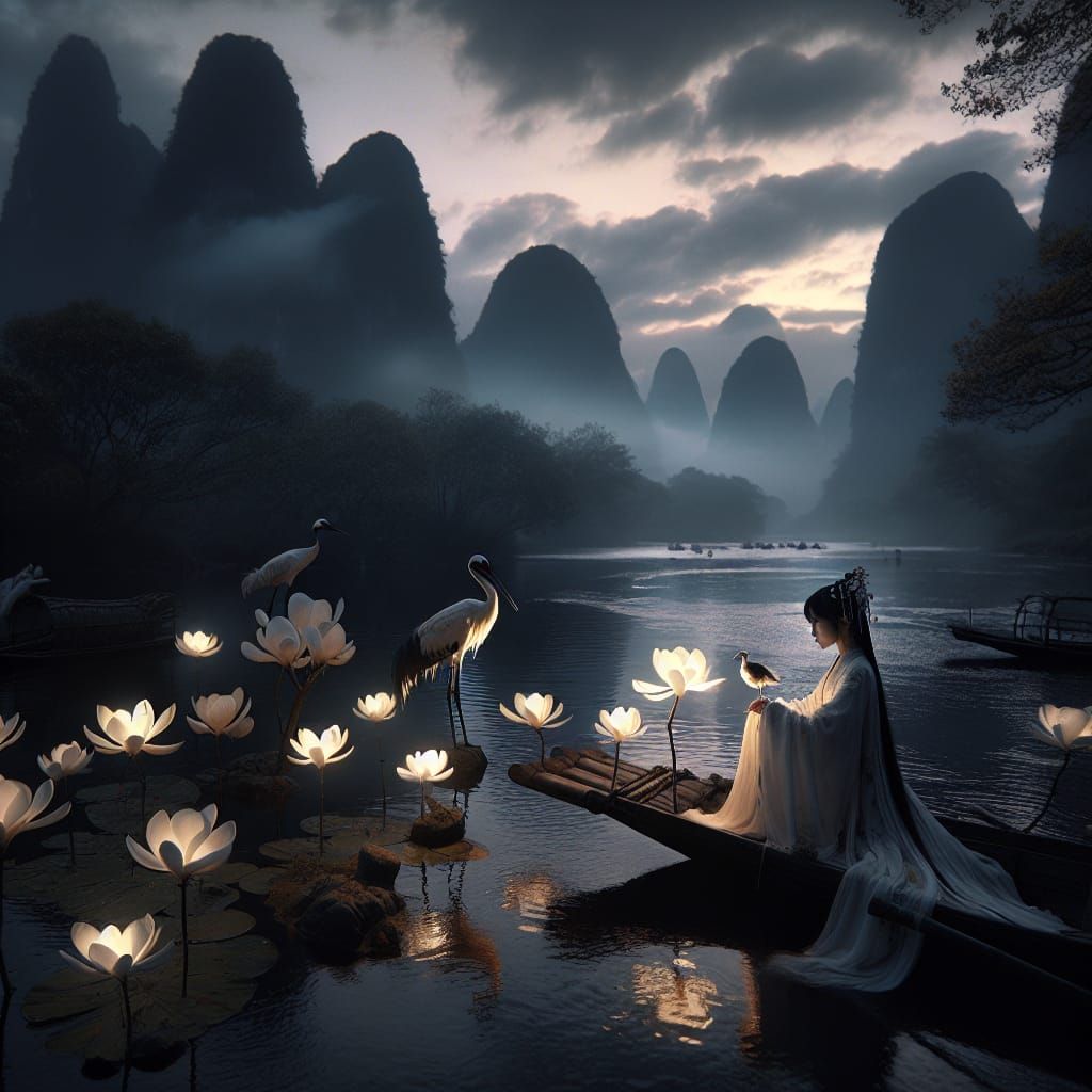 Vintage Chinese Landscape with Crane and Girl