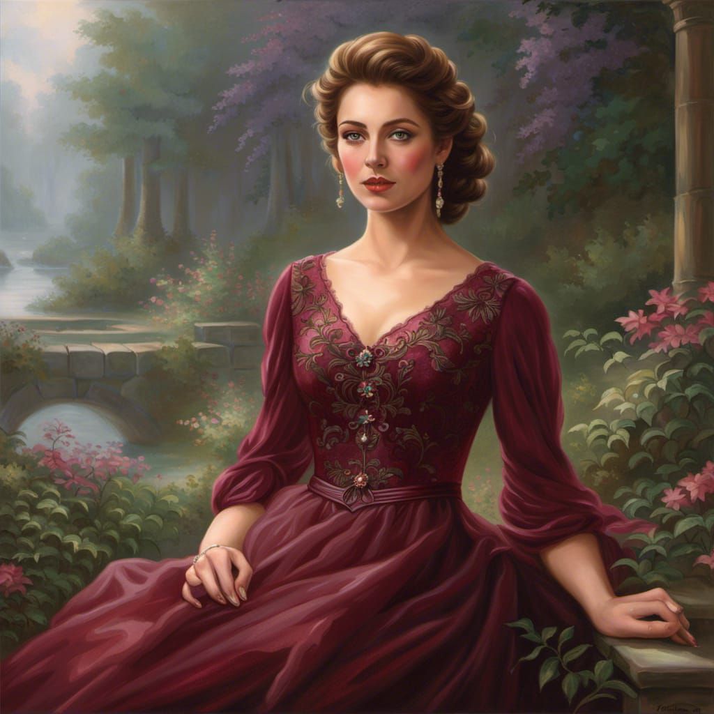 Ethereal Portrait of Woman in Burgundy Dress