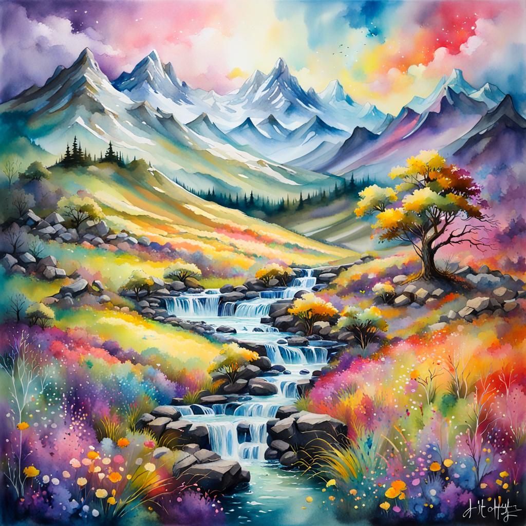 Highlands Landscape in Splashy Watercolor Style