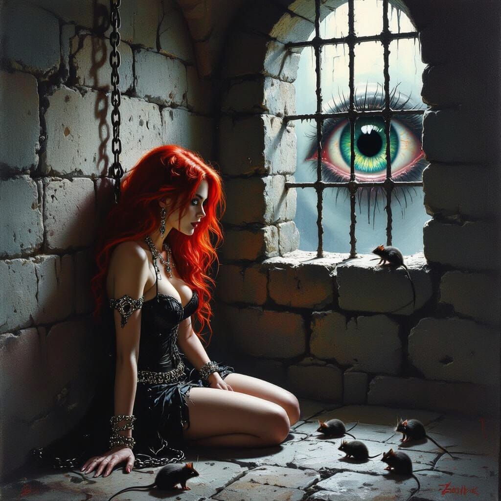 Dark Fantasy Woman Chained in Dungeon with Giant Eyeball
