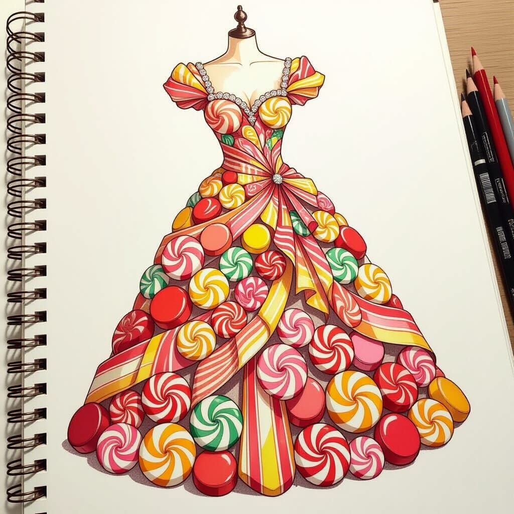 Intricate Candy Dress Sketch in Art Nouveau Style