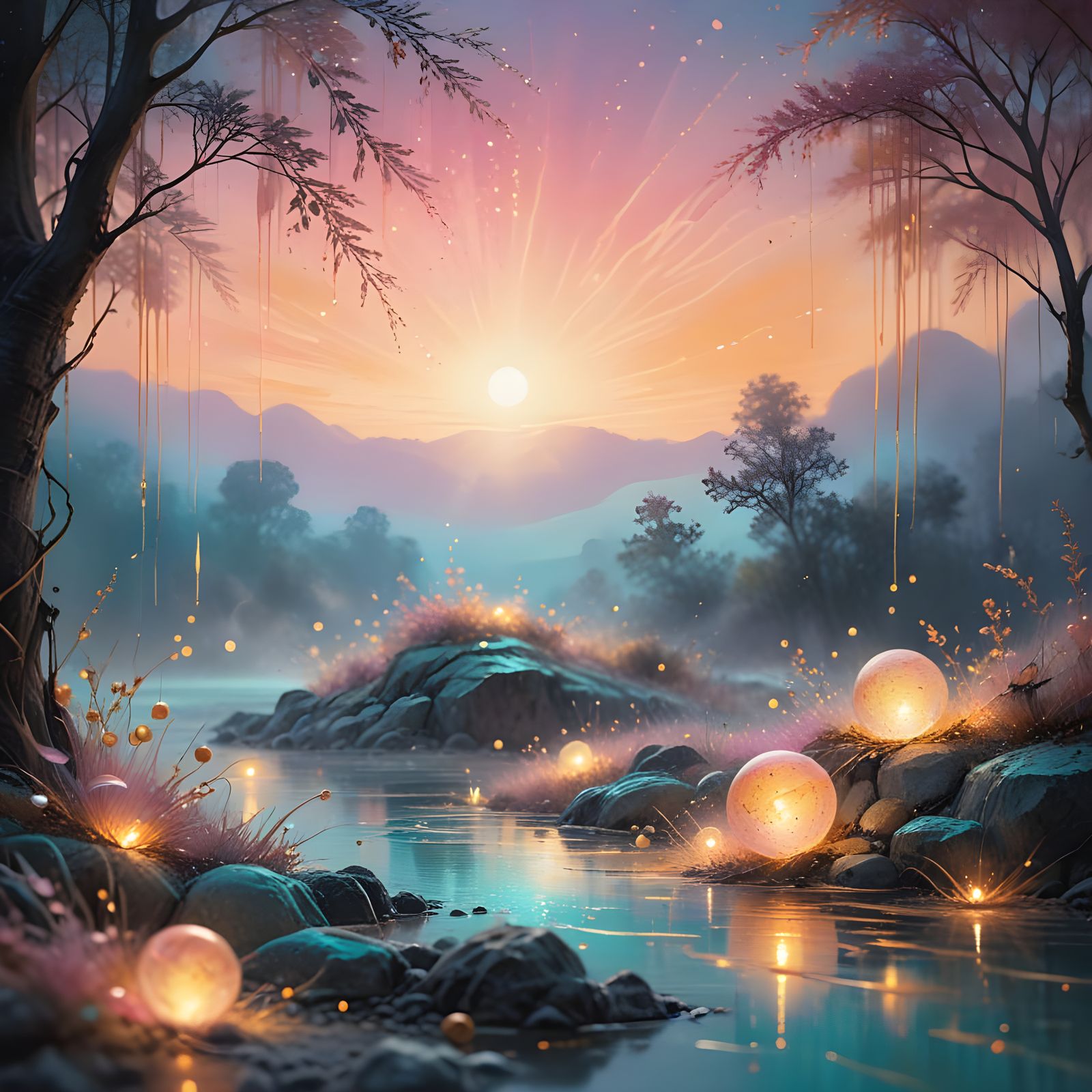 Golden Spheres in Misty Landscape as Watercolor Painting