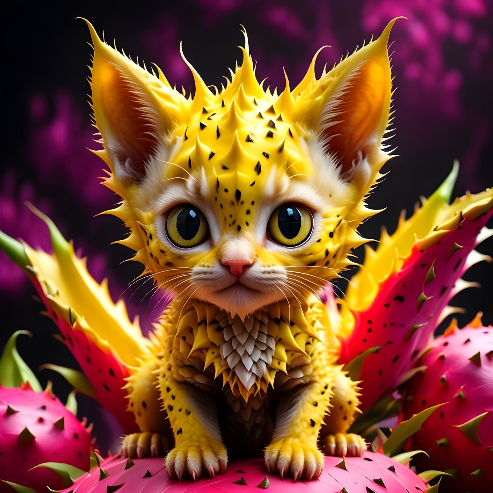 Whimsical Dragon Fruit Kitten in Maximalist Digital Art