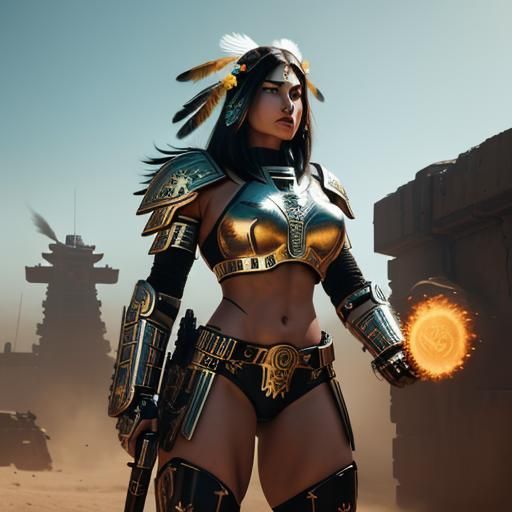 Aztec Warrior Woman in Cyberpunk Servo-Armor