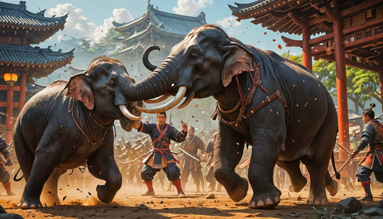 Samurai Battle With Rabid Elephant In 3D Anime Style