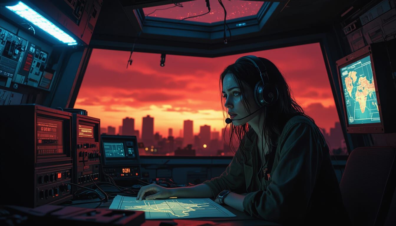 Dystopian Radio Operator in Blue-Lit Underground Room