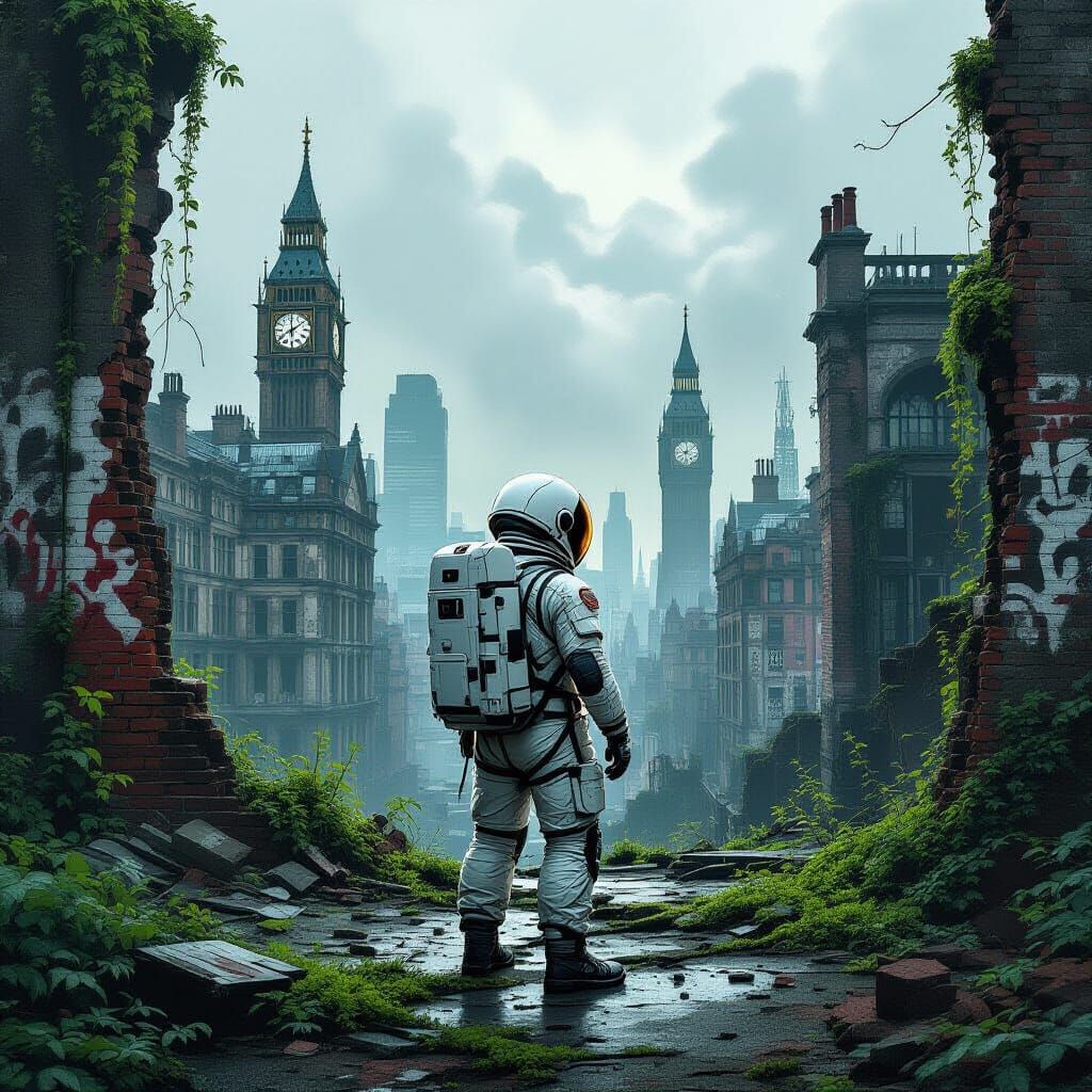 Astronaut in Ruined London: Graffiti Art Style