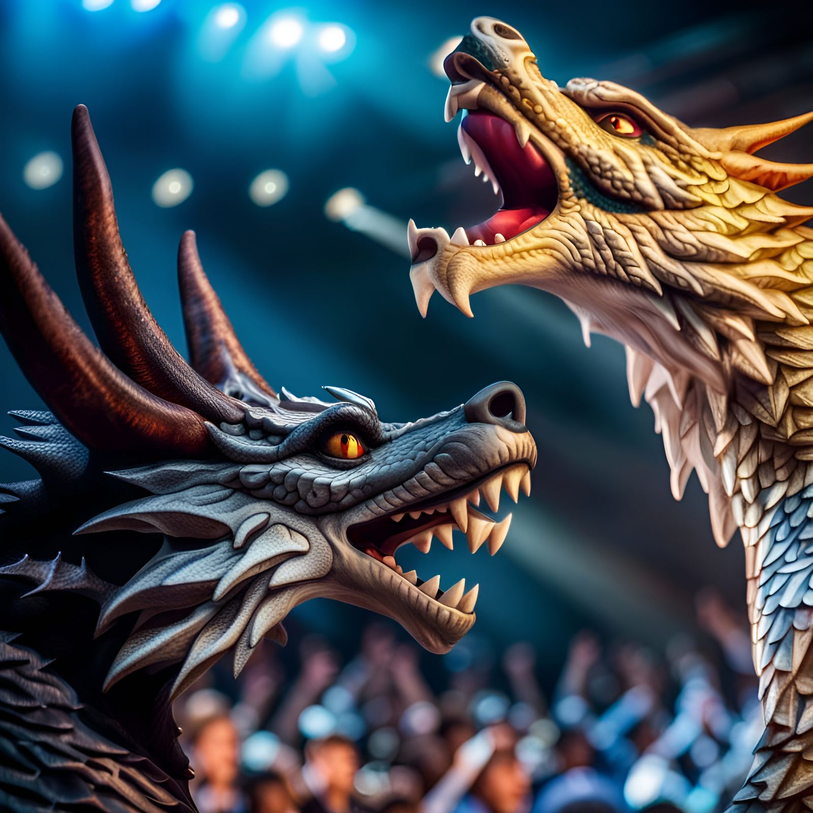 Dragon and Wolf Duet on Concert Stage in HDR