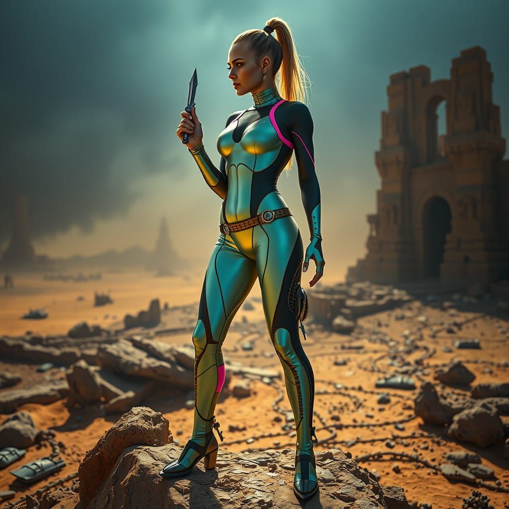 Futuristic Gladiator on Post-Apocalyptic Ruins