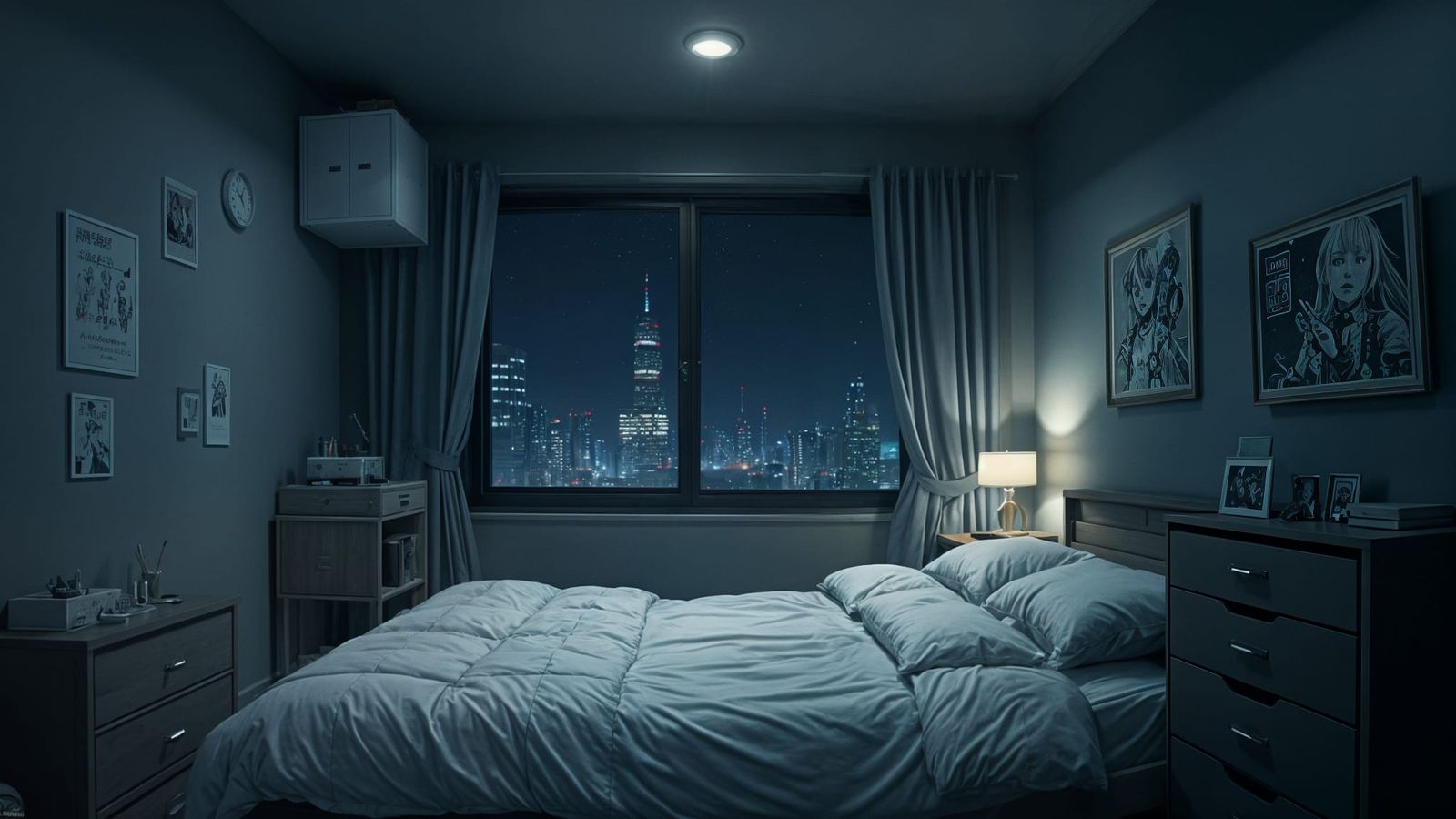 Surreal Military Bedroom Scene in Neon-Lit 3D Anime Style