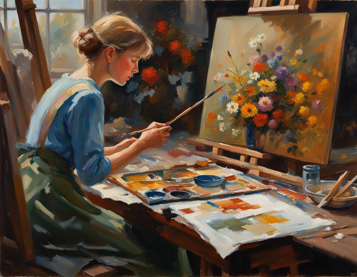 Female Artist Creating a Masterpiece: Oil Painting
