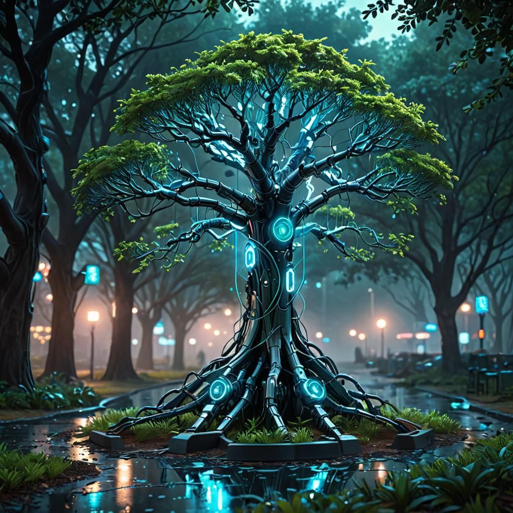 Biomechanical AI Tree in Futuristic Park: Digital Art