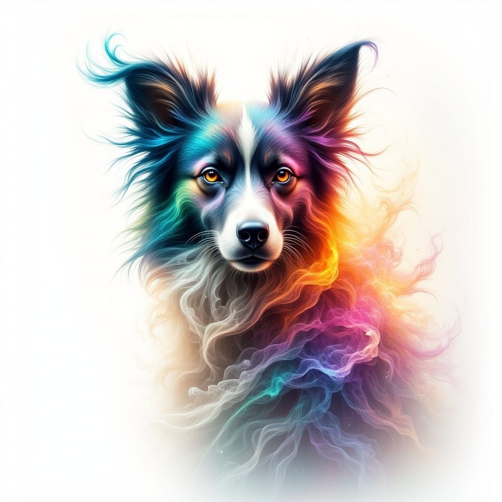 Ghostly Border Collie Dissolving in Surrealist Rainbow