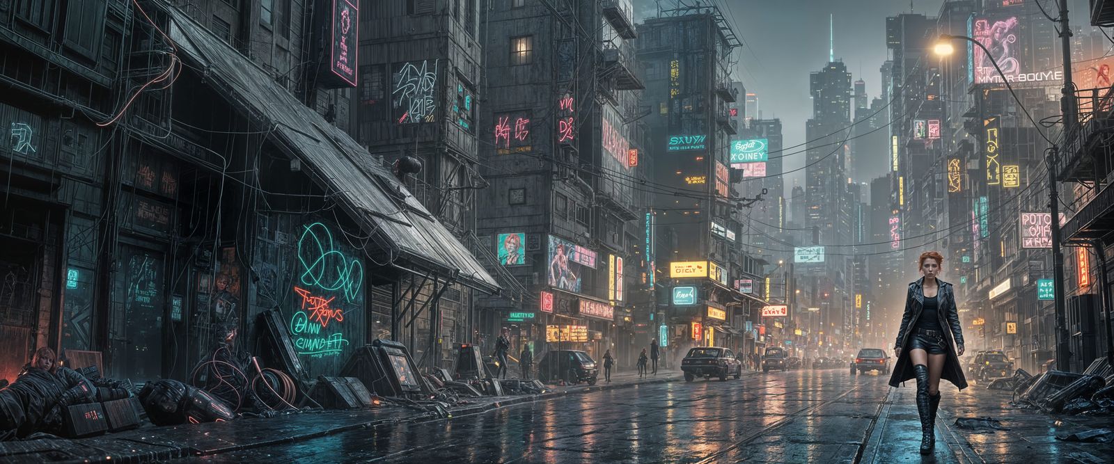 Neon Femme Fatale in Cyberpunk Metropolis
