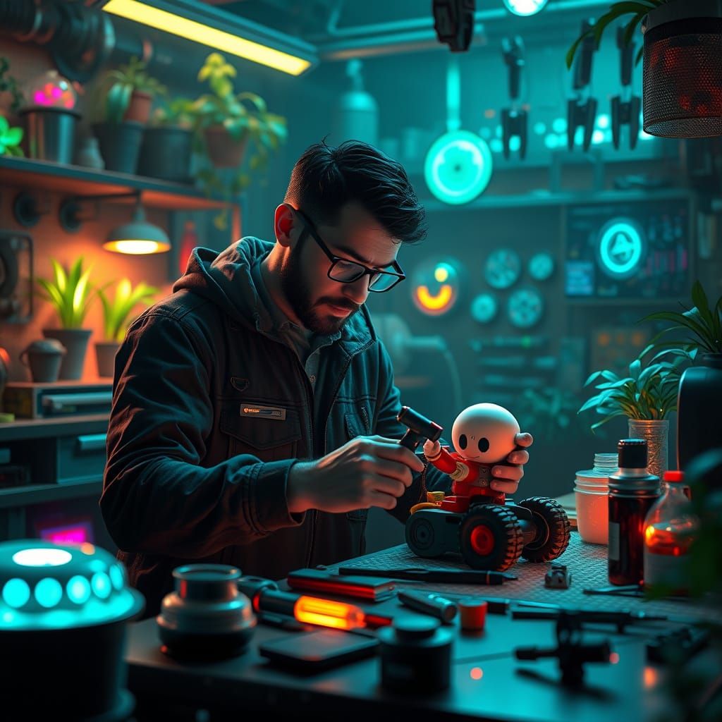 Futuristic Father's Workshop with Bioluminescent Tech