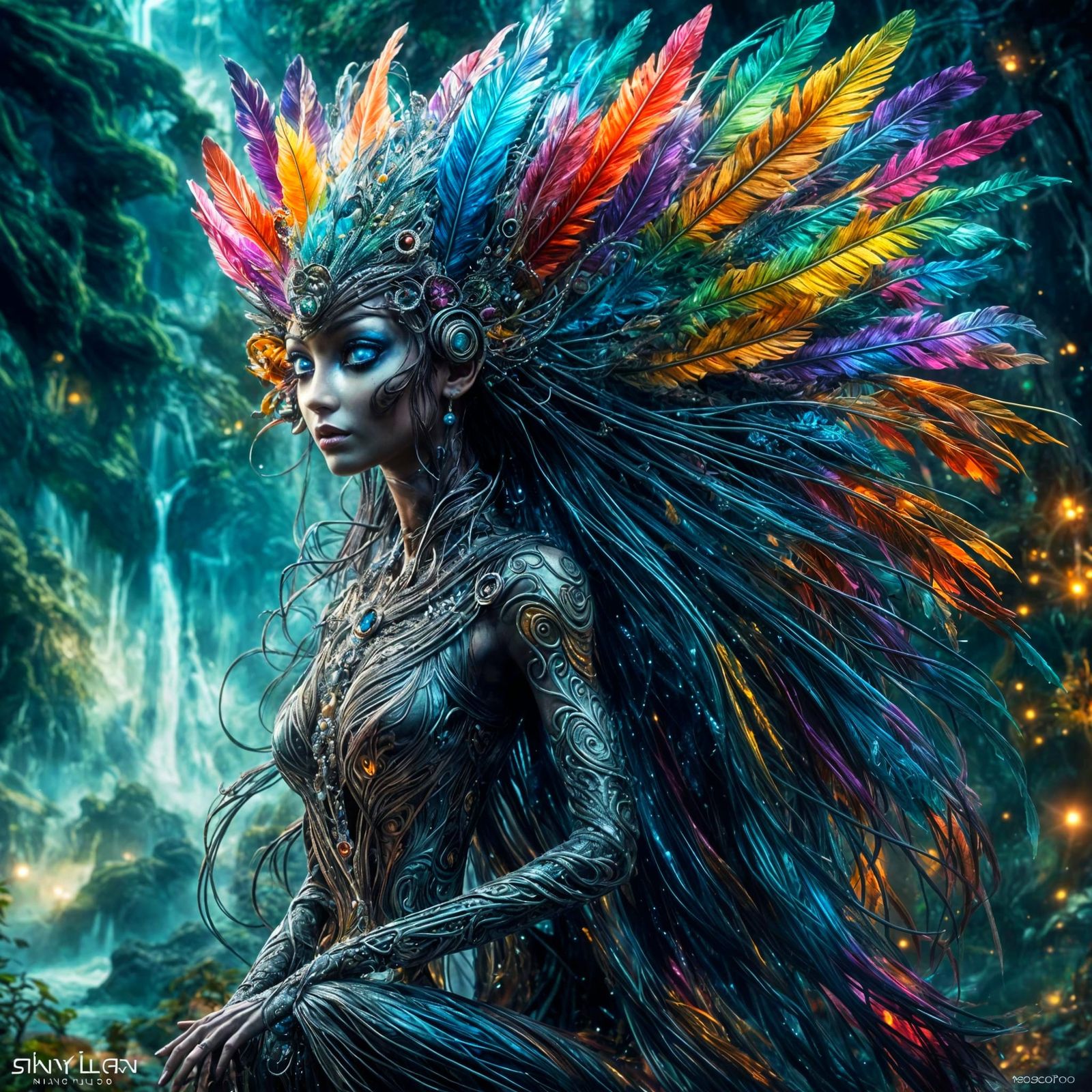 Ethereal Alien with Feathers and Waterfall in Fantasycore