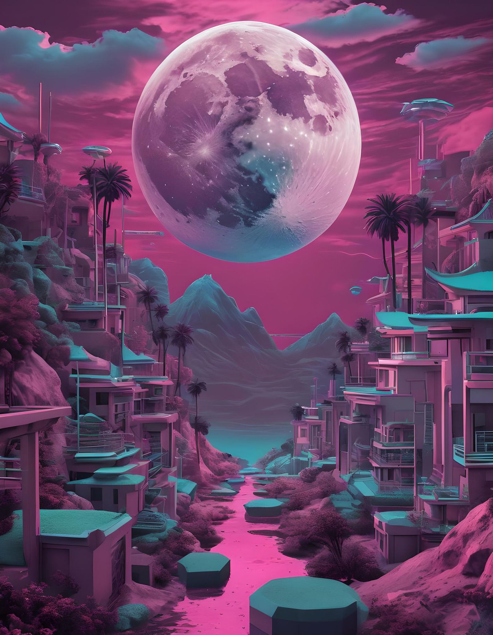 Vaporwave Super Moon Dreamscape in Geometric Style