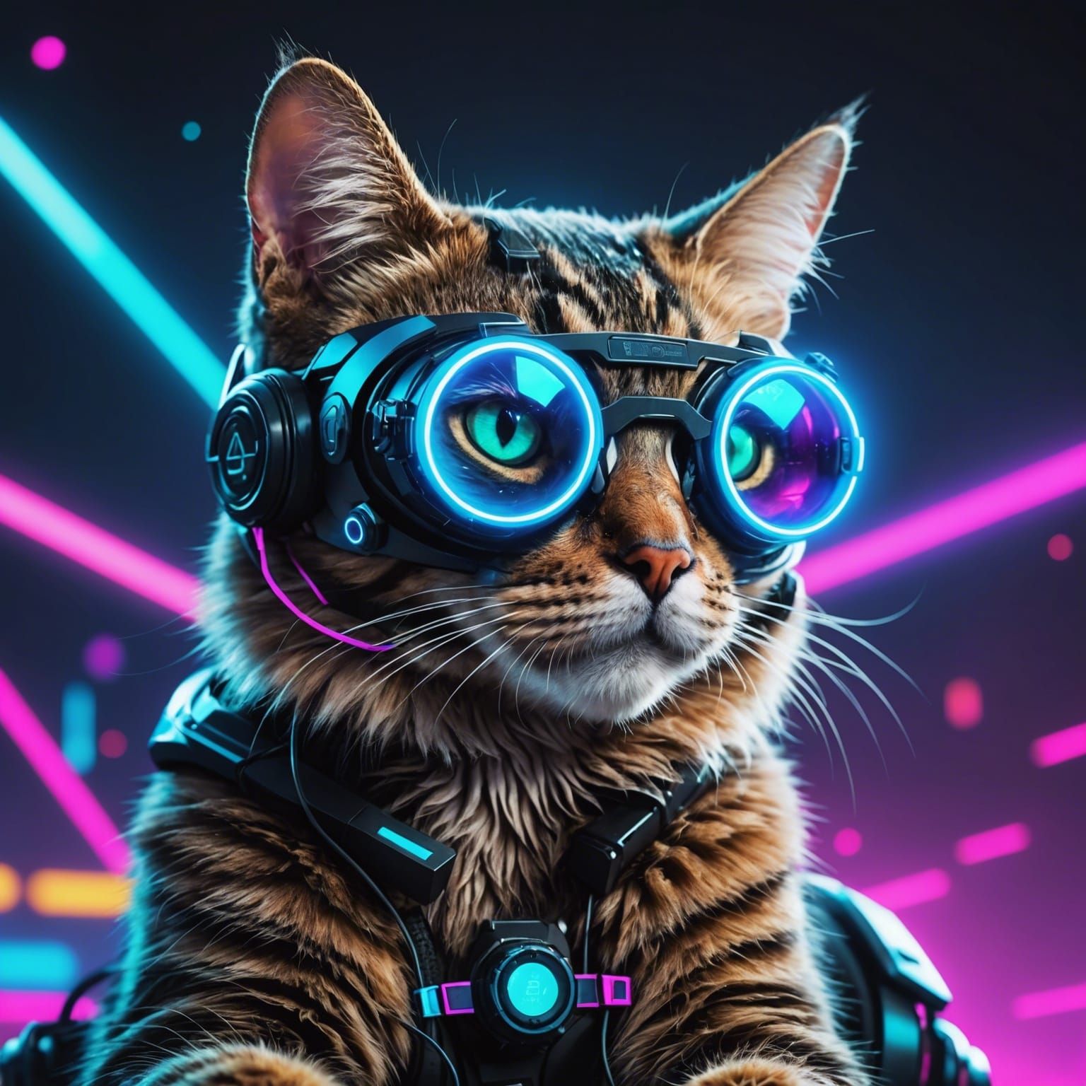 Cyberpunk Cat with VR Goggles in Cyberspace