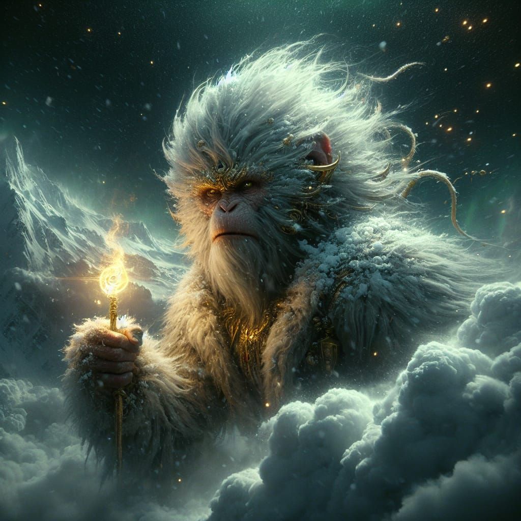Mythical Monkey Creature in Snowy Night Landscape