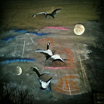 Wild Geese Silhouetted by Moon