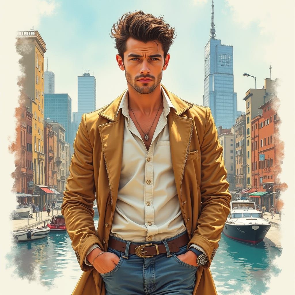 Futuristic Man in Aquarelle Painting Style