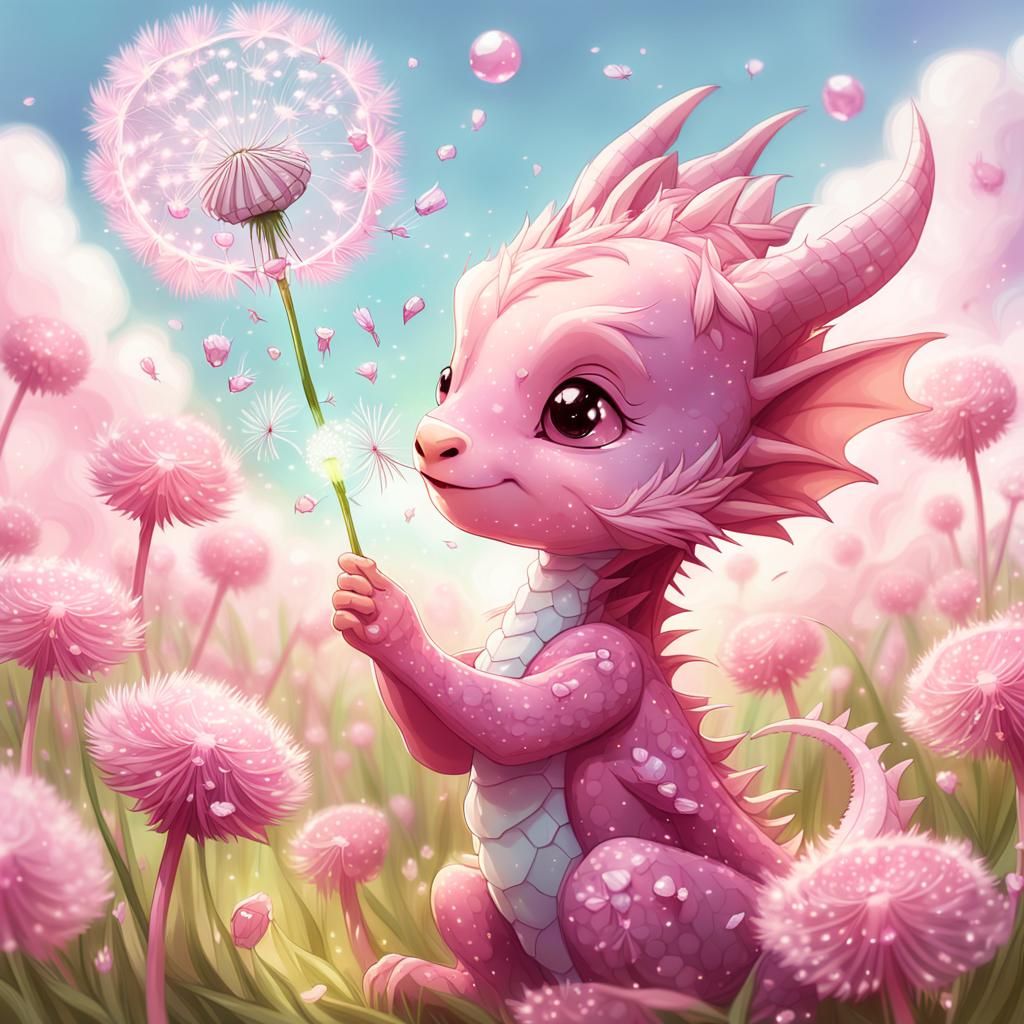 cute Pink  anthropomorphic Pink baby dragon-girl   blowing, making a wish on a hot pink Dandelion, sitting in a field of...