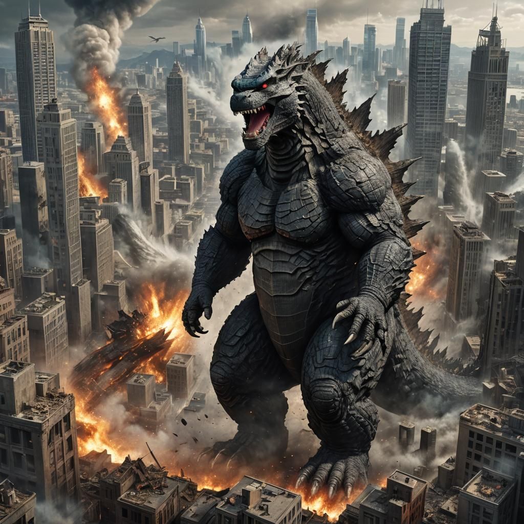Massive realistic illustration of Godzilla, towering over a cityscape with destruction and chaos in its wake