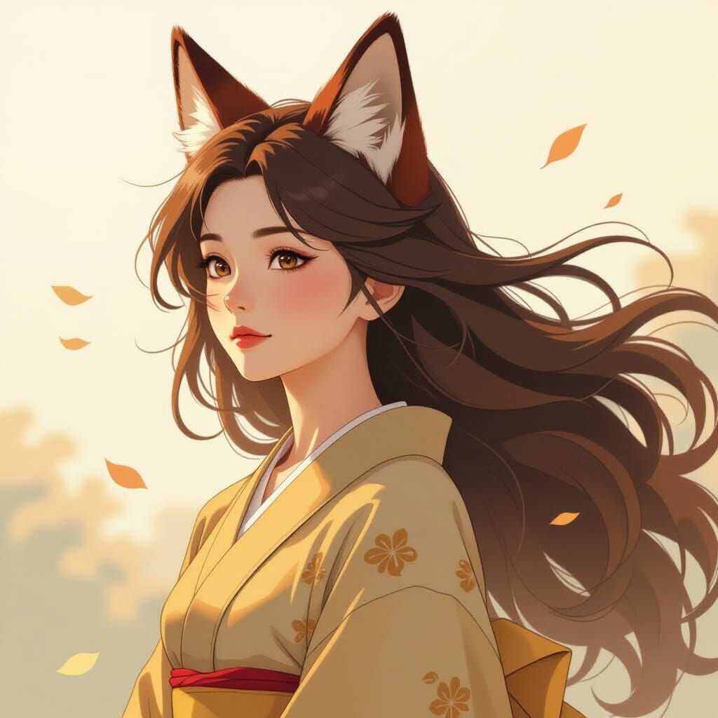 Ethereal Kitsune Woman with Flowing Hair in Dreamy Style
